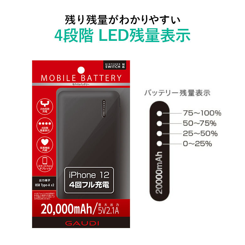 モバイルバッテリー 20000mAh 軽量 大容量 GBT200EBK 高速充電 薄型